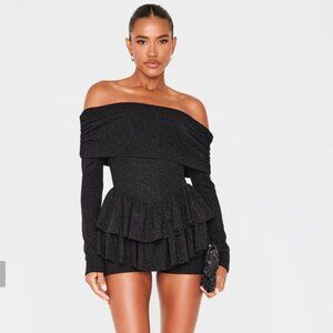 Black Glitter Bardot Long Sleeve Rara Romper